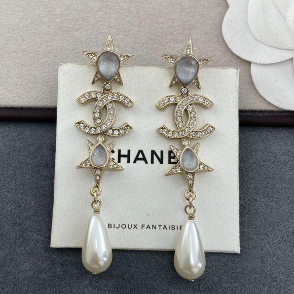 CHANEL Jewelry - Chanel Faux Pearl & Strass CC Star Drop Earrings Authentic